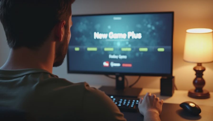 A person holding a controller with a "New Game Plus" option on screen