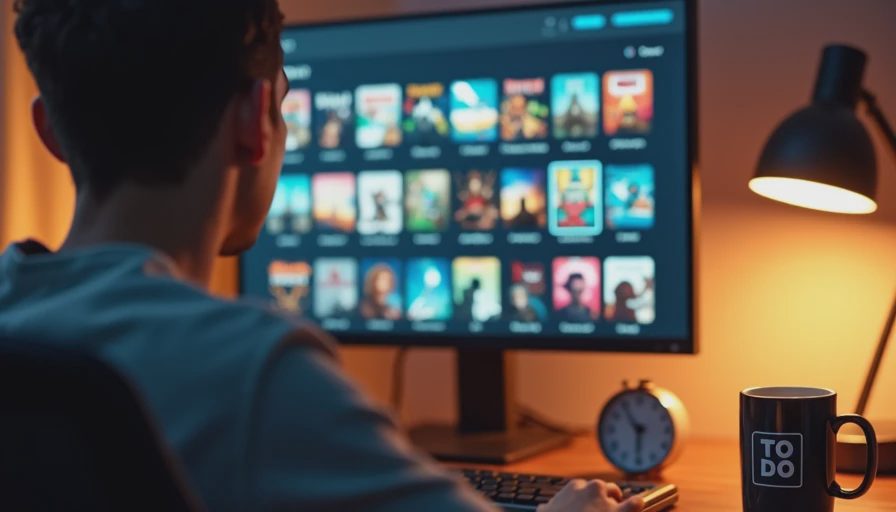 A person scrolling through a game subscription library on screen with a tired expression
