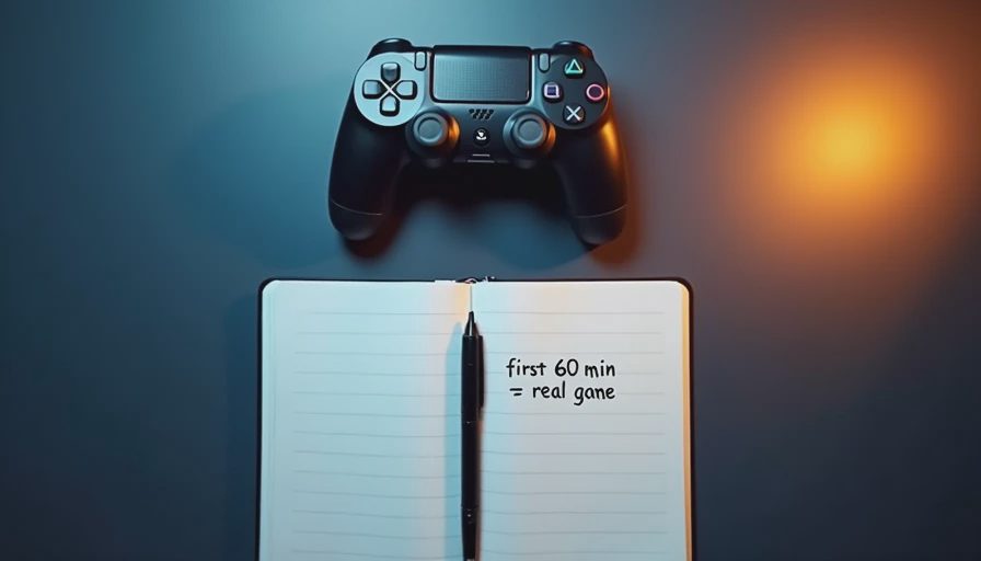 Controller and notebook with “first 60 min = real game” note on a navy desk