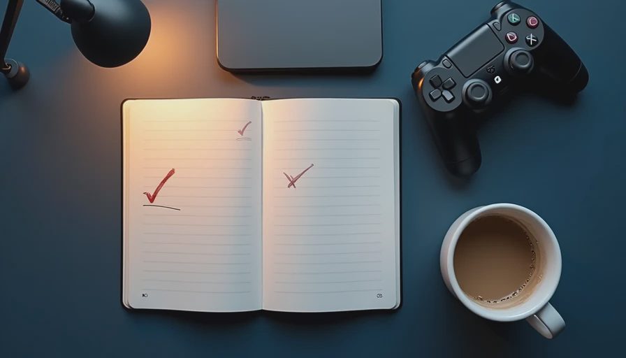 Open notebook with two comparison columns next to a controller and coffee mug on a navy desk
