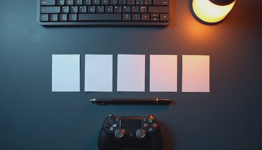 Five blank index cards and a pen arranged beside a game controller on a navy desk