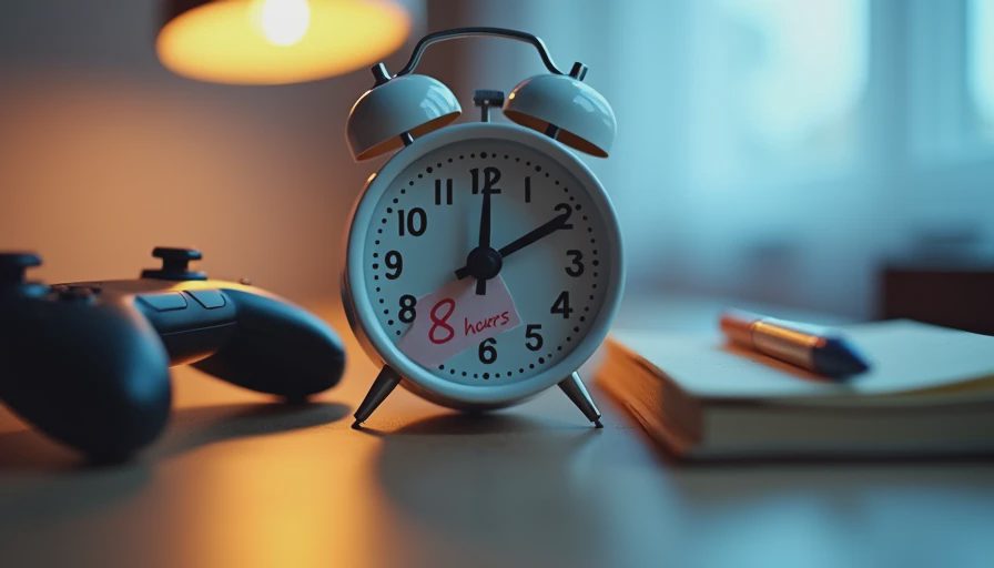 A clock showing eight hours on a desk with a game controller and notebook