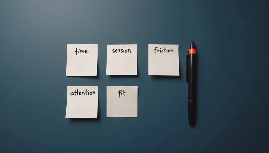 Five labeled index cards and a pen arranged above a controller on a navy desk