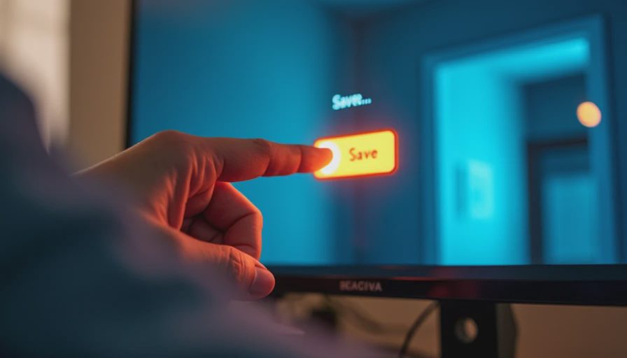 Hand pressing a save button on a screen with a dim living room background