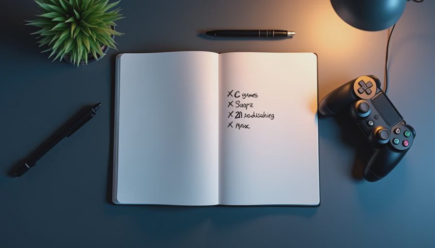 Open notebook with crossed-out game titles next to a controller on a navy desk