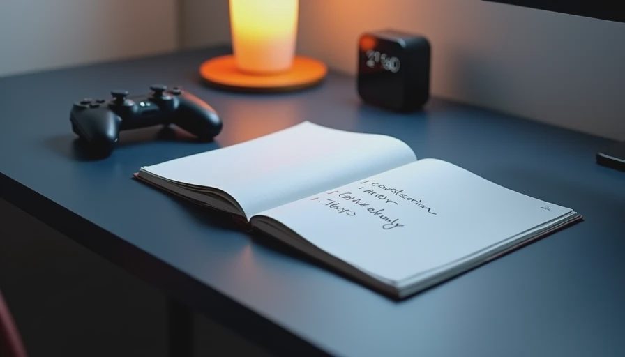 Open notebook with checklist next to a game controller and small clock on a navy desk