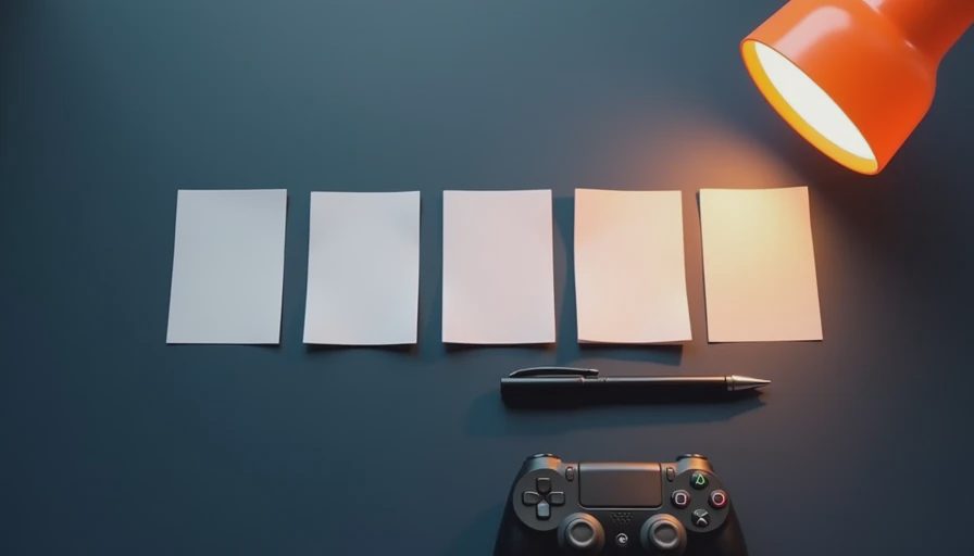 Five blank index cards and a pen arranged beside a game controller on a navy desk