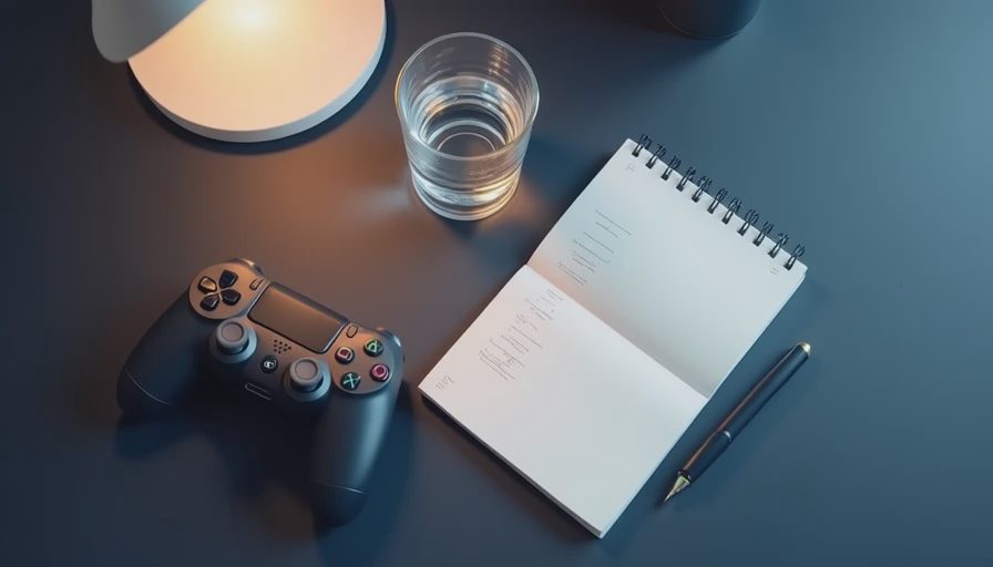 Controller and notebook with short questions next to a glass of water on a navy desk