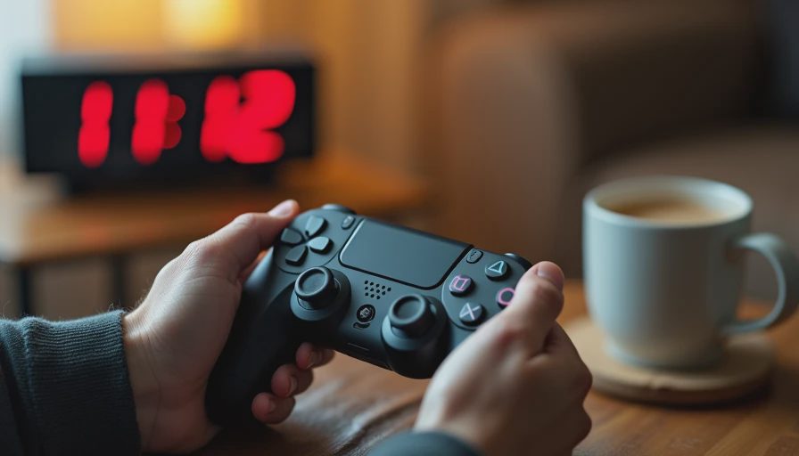  A tired person's hands holding a game controller while a clock shows late night