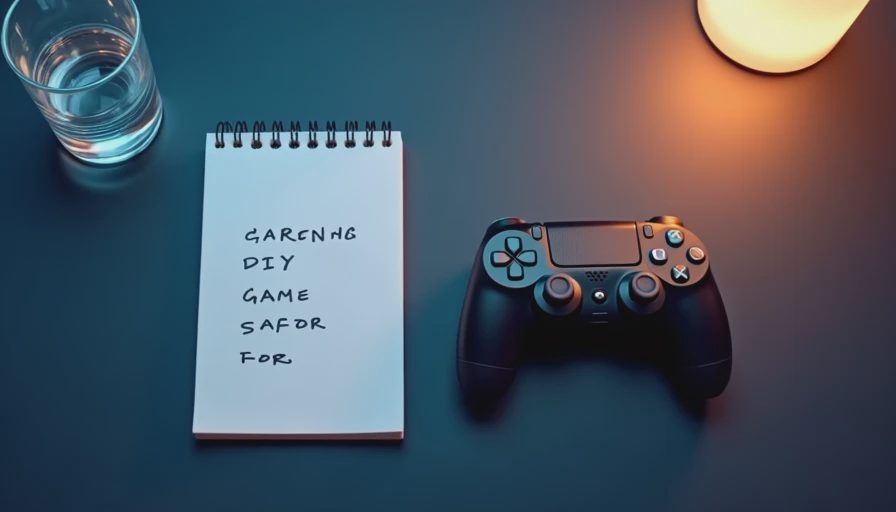 Controller and notebook with a short game list on a navy desk under warm lamp light